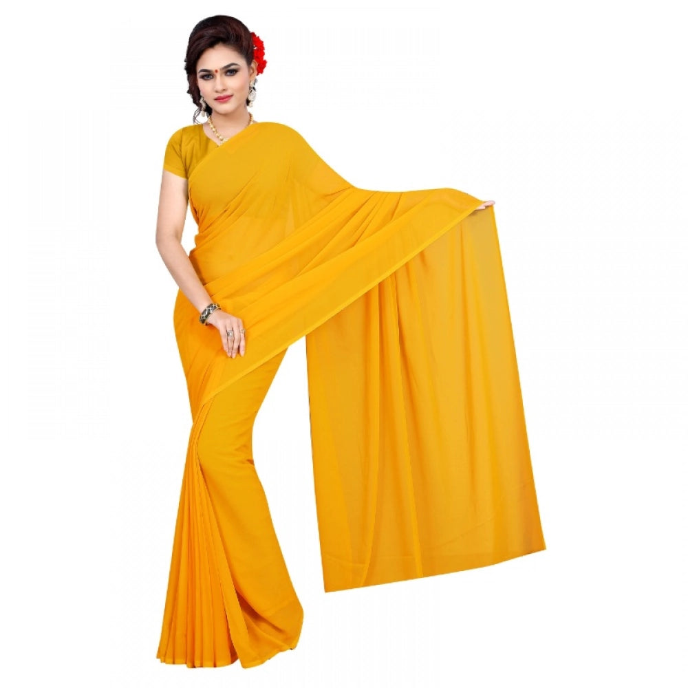 Snuggle Spot Women's Georgette Plain Saree With Blouse (Gold, 5-6 Mtrs)