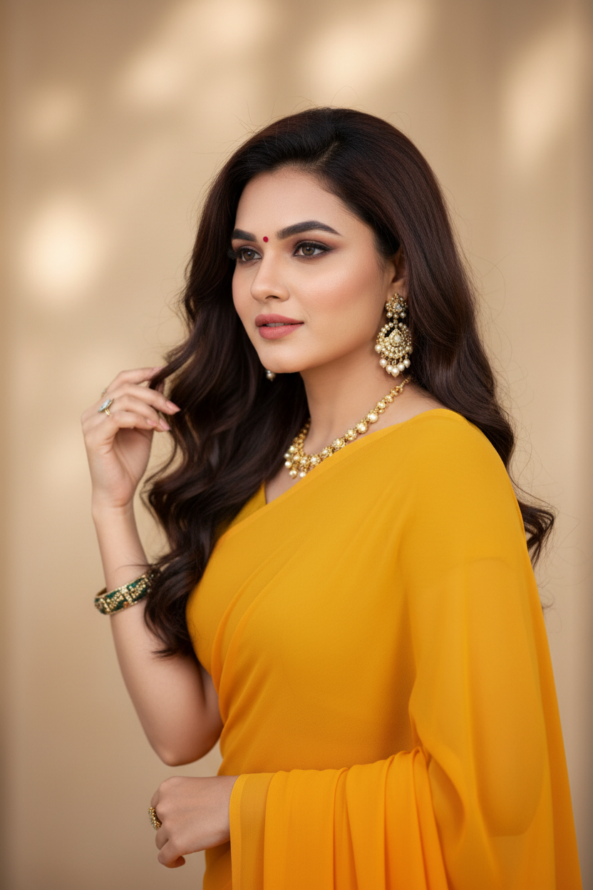 Snuggle Spot Women's Georgette Plain Saree With Blouse (Gold, 5-6 Mtrs)