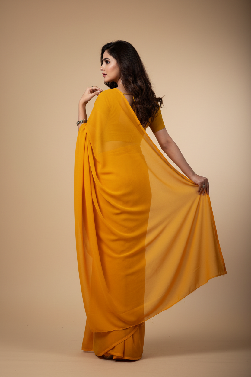 Snuggle Spot Women's Georgette Plain Saree With Blouse (Gold, 5-6 Mtrs)