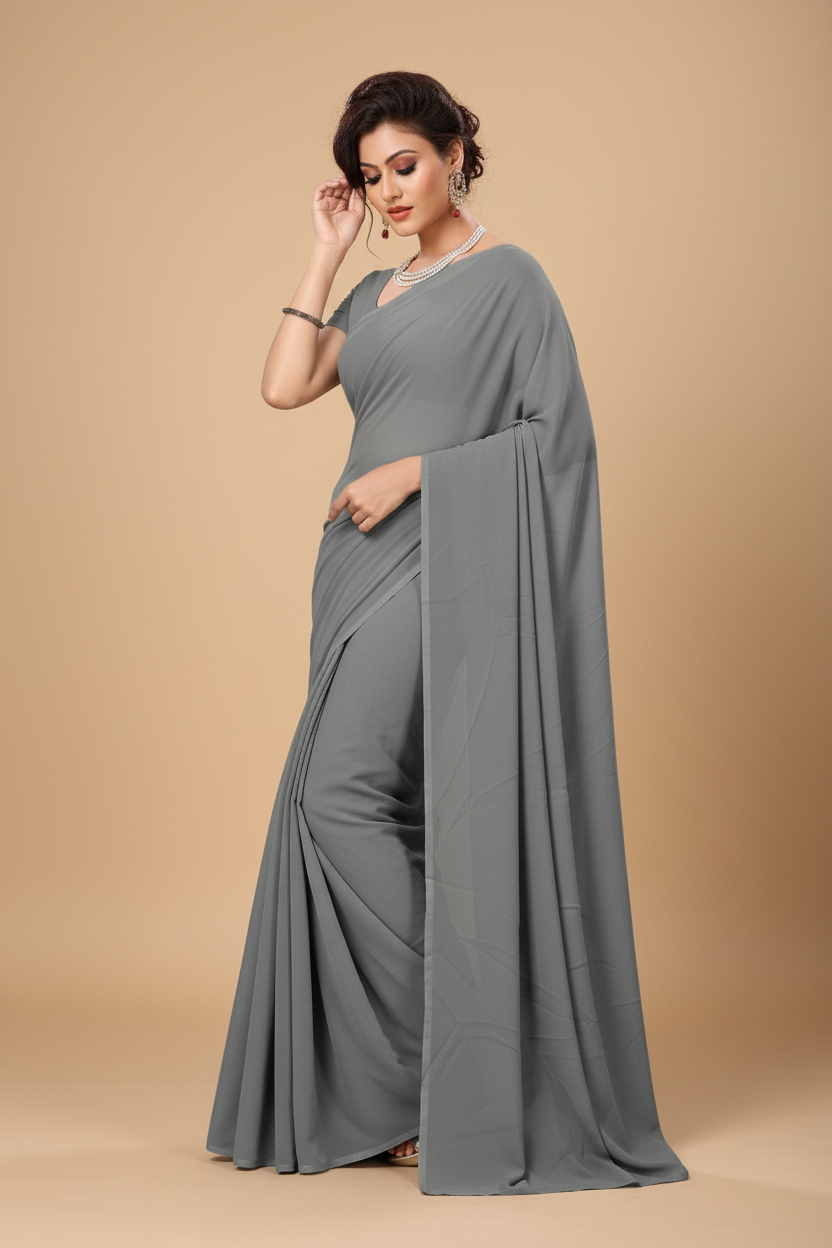 Snuggle Spot Women's Georgette Plain Saree With Blouse (Grey, 5-6 Mtrs)