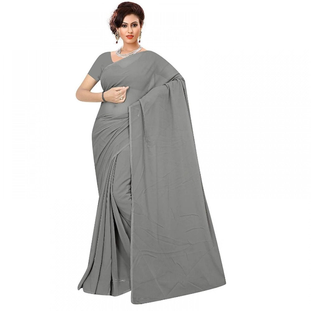 Snuggle Spot Women's Georgette Plain Saree With Blouse (Grey, 5-6 Mtrs)