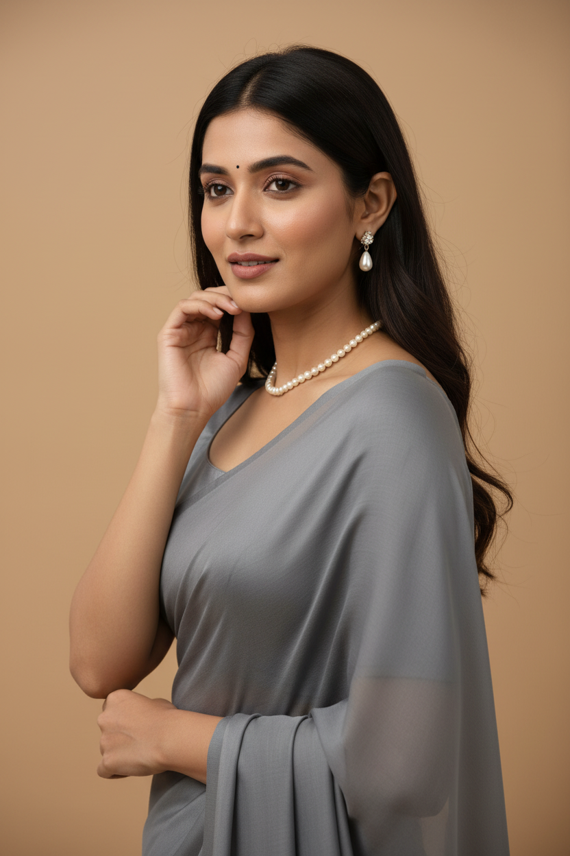 Snuggle Spot Women's Georgette Plain Saree With Blouse (Grey, 5-6 Mtrs)