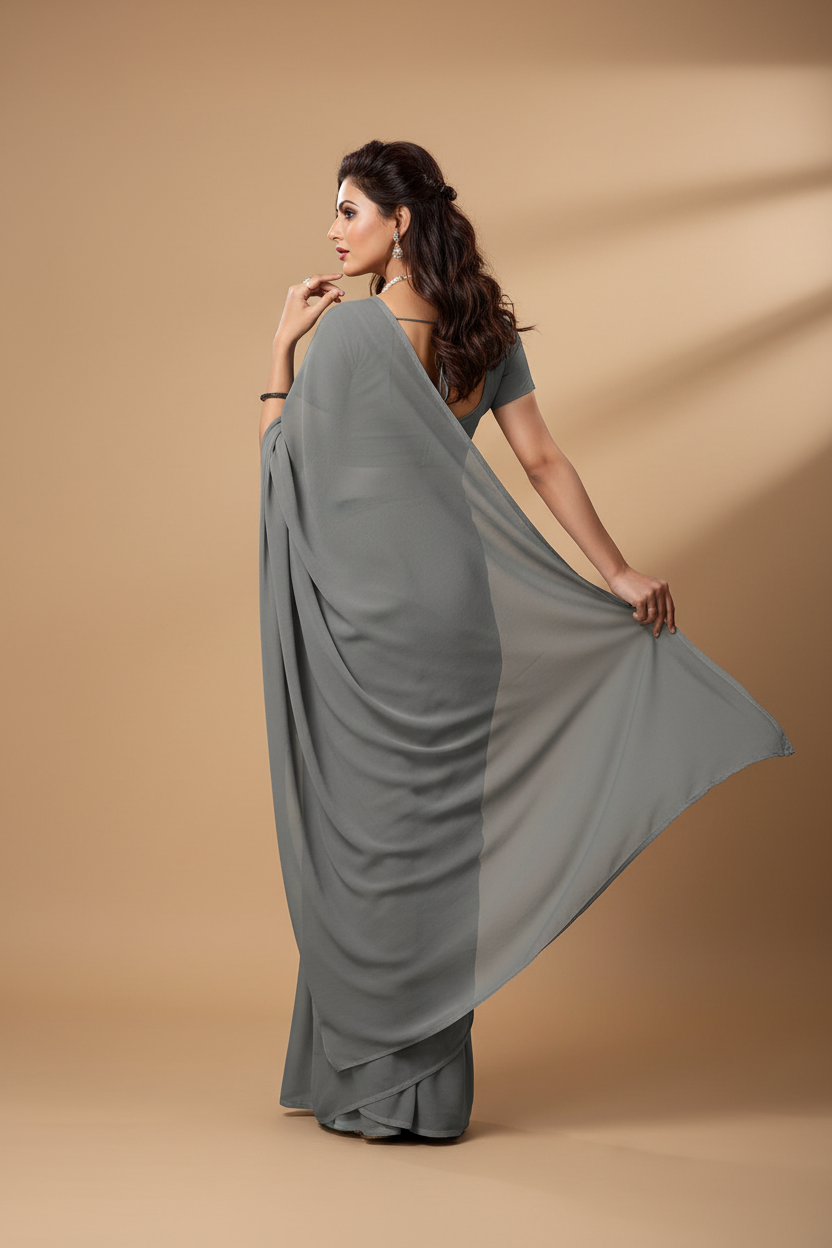 Snuggle Spot Women's Georgette Plain Saree With Blouse (Grey, 5-6 Mtrs)