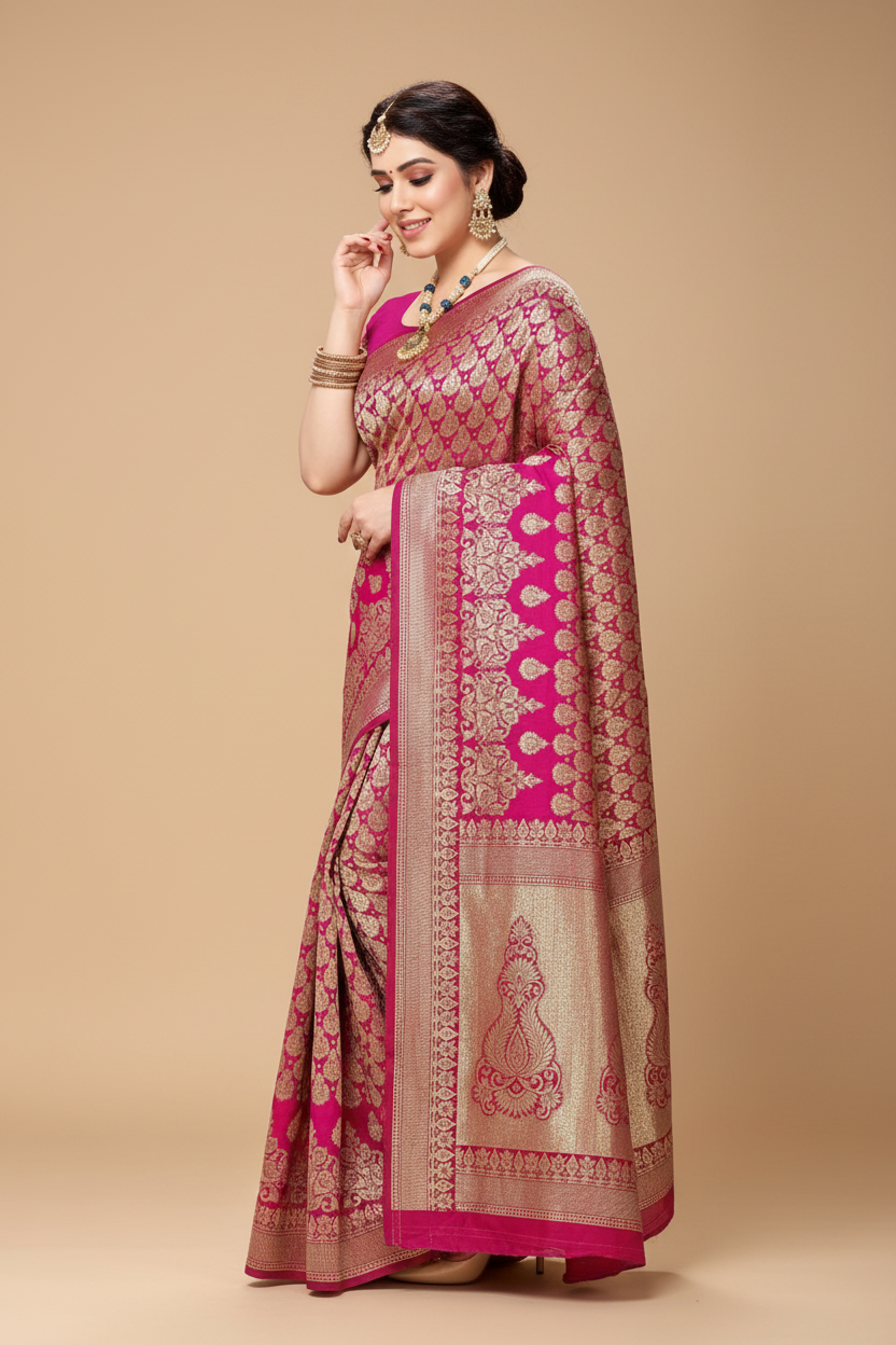 Snuggle Spot Women's Jacquard Silk Kanjivaram Jacquard Silk Saree With Blouse (Pink, 5-6 Mtrs)