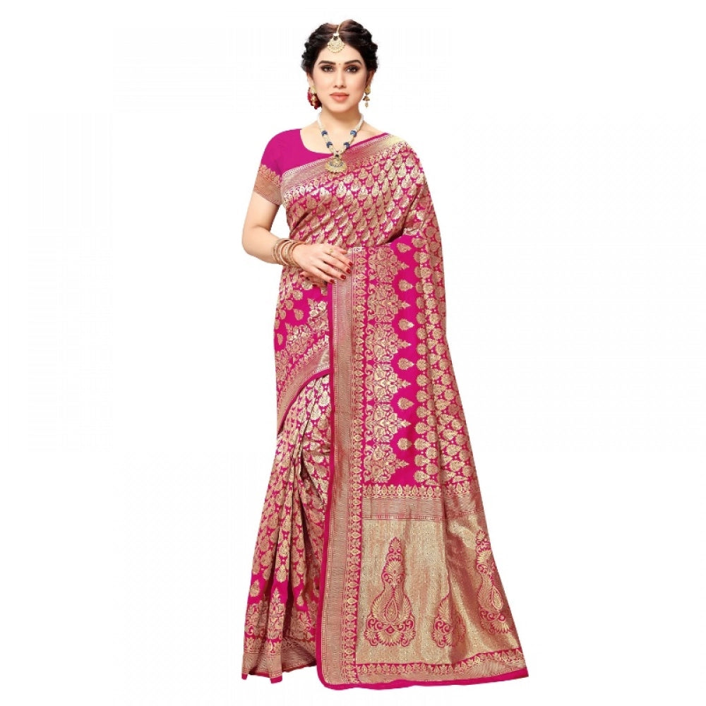 Snuggle Spot Women's Jacquard Silk Kanjivaram Jacquard Silk Saree With Blouse (Pink, 5-6 Mtrs)