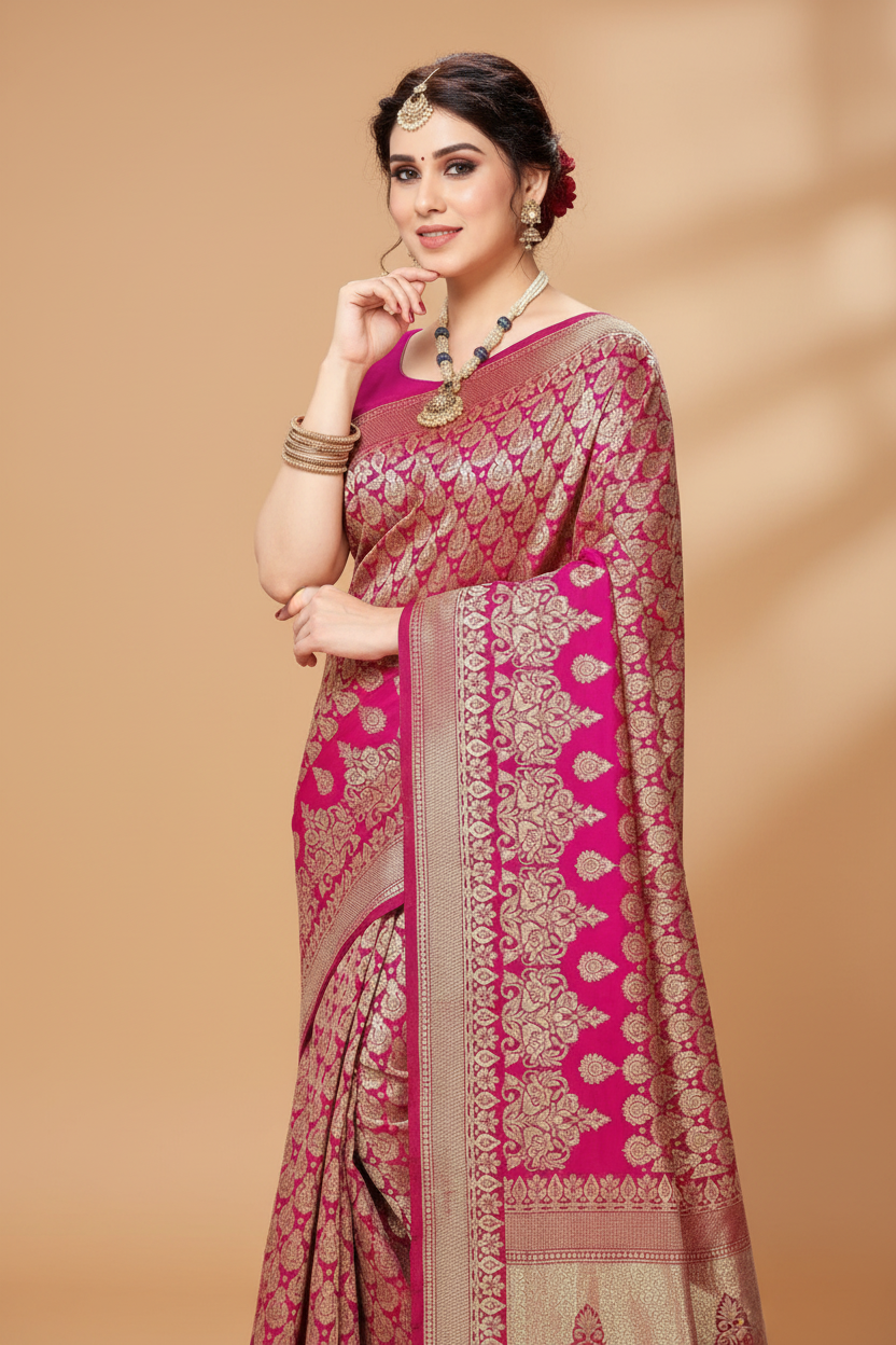 Snuggle Spot Women's Jacquard Silk Kanjivaram Jacquard Silk Saree With Blouse (Pink, 5-6 Mtrs)