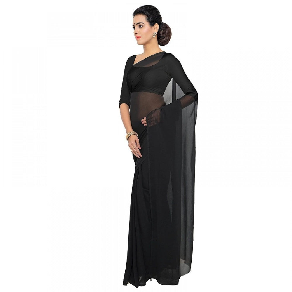 Snuggle Spot Women's Georgette Plain Saree With Blouse (Black, 5-6 Mtrs)