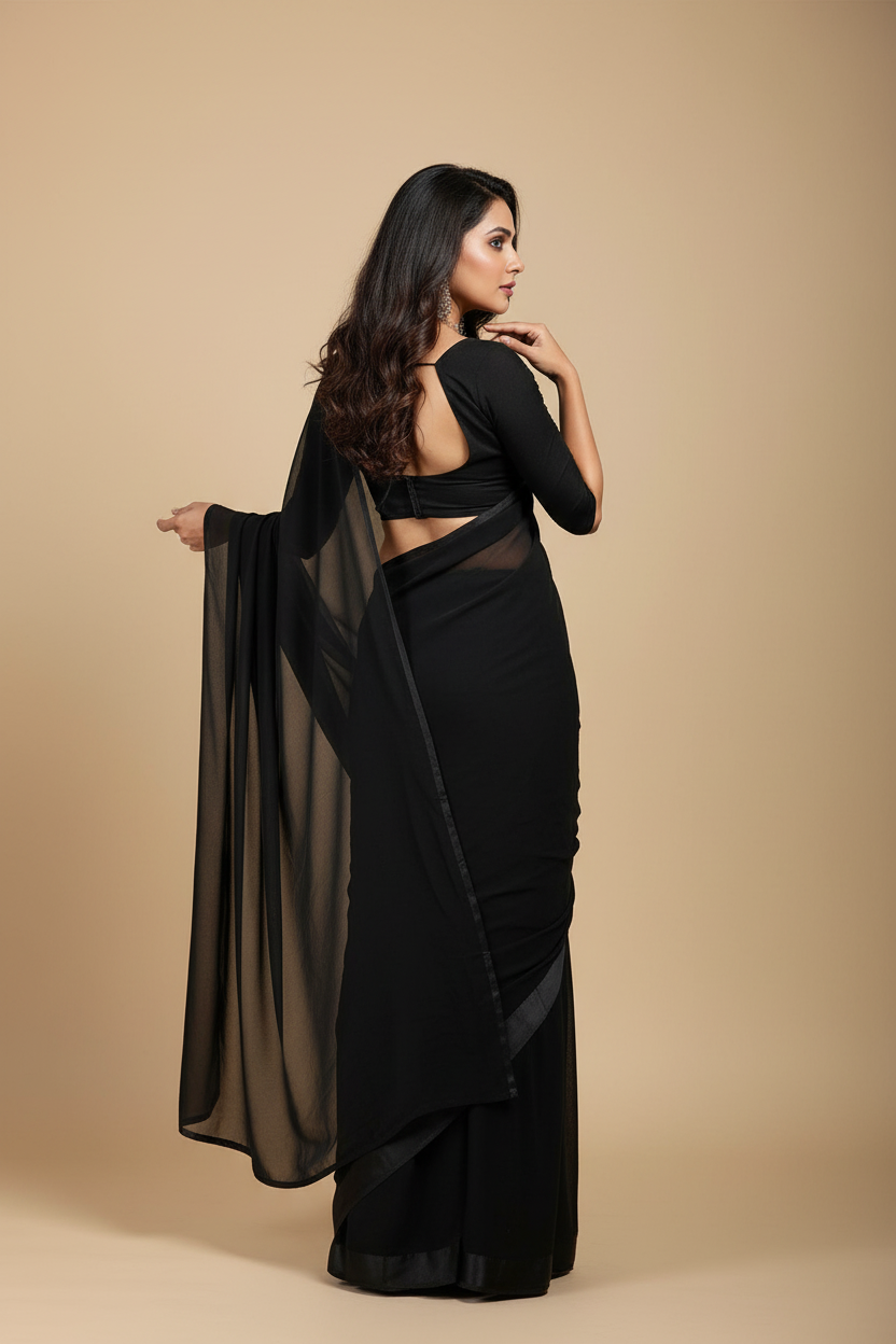 Snuggle Spot Women's Georgette Plain Saree With Blouse (Black, 5-6 Mtrs)