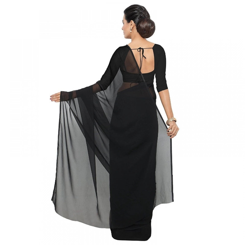 Snuggle Spot Women's Georgette Plain Saree With Blouse (Black, 5-6 Mtrs)