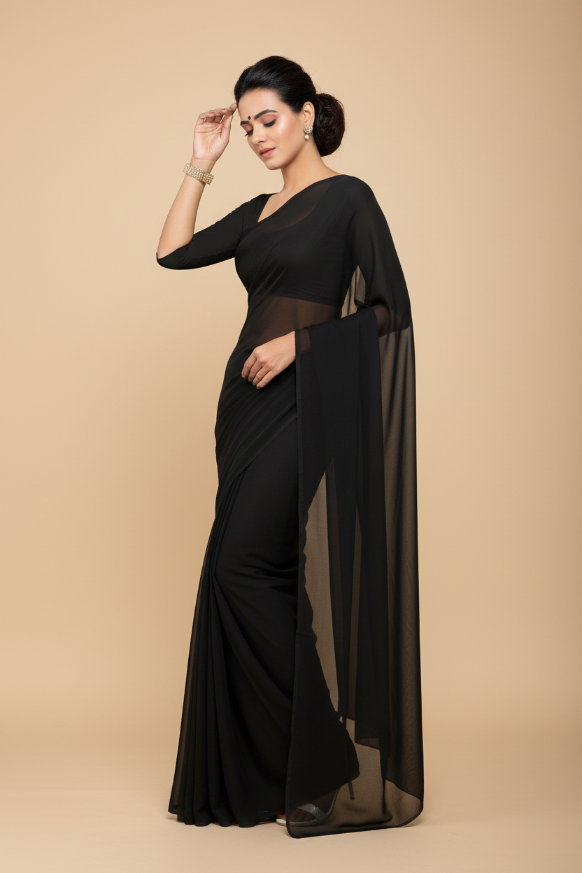 Snuggle Spot Women's Georgette Plain Saree With Blouse (Black, 5-6 Mtrs)