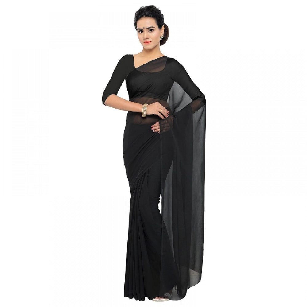 Snuggle Spot Women's Georgette Plain Saree With Blouse (Black, 5-6 Mtrs)