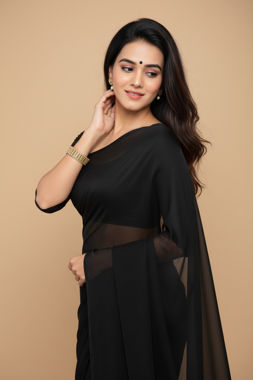Snuggle Spot Women's Georgette Plain Saree With Blouse (Black, 5-6 Mtrs)