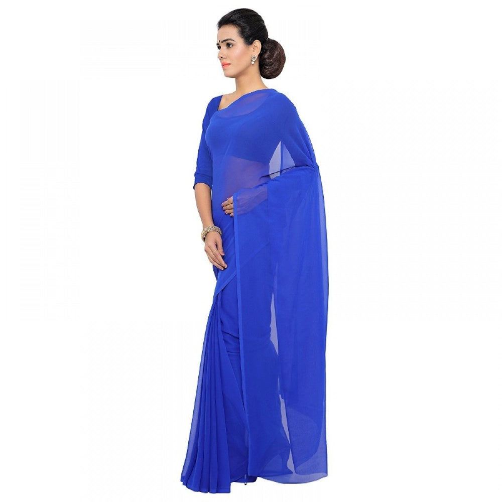 Snuggle Spot Women's Georgette Plain Saree With Blouse (Royal Blue, 5-6 Mtrs)