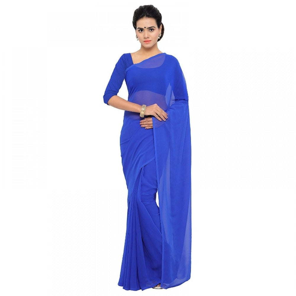 Snuggle Spot Women's Georgette Plain Saree With Blouse (Royal Blue, 5-6 Mtrs)