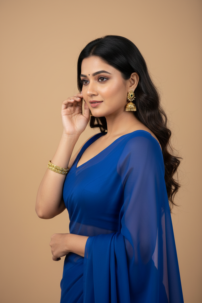 Snuggle Spot Women's Georgette Plain Saree With Blouse (Royal Blue, 5-6 Mtrs)
