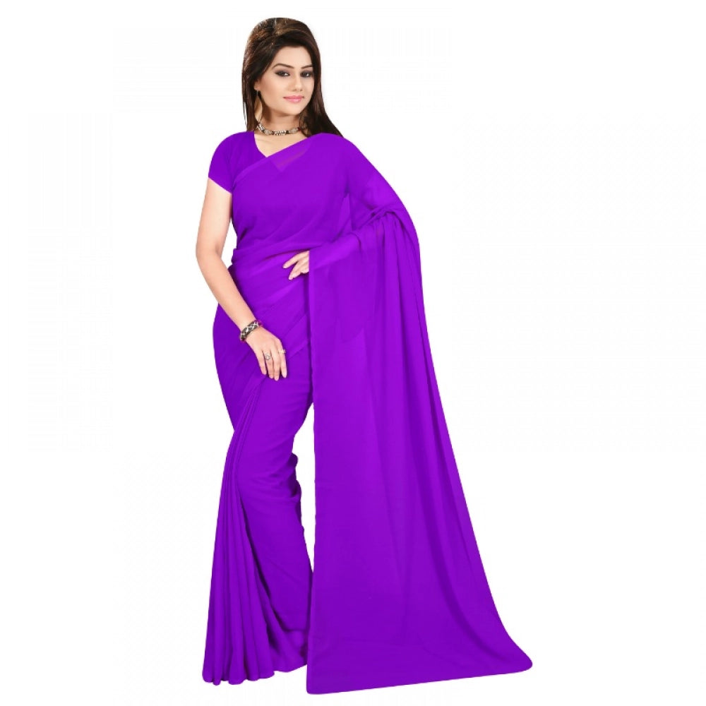 Snuggle Spot Women's Georgette Plain Saree With Blouse (Purple, 5-6 Mtrs)
