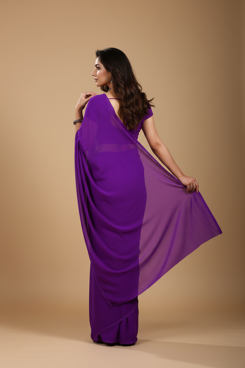 Snuggle Spot Women's Georgette Plain Saree With Blouse (Purple, 5-6 Mtrs)