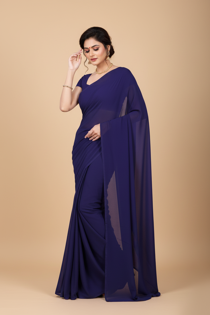 Snuggle Spot Women's Georgette Plain Saree With Blouse (Navy Blue, 5-6 Mtrs)