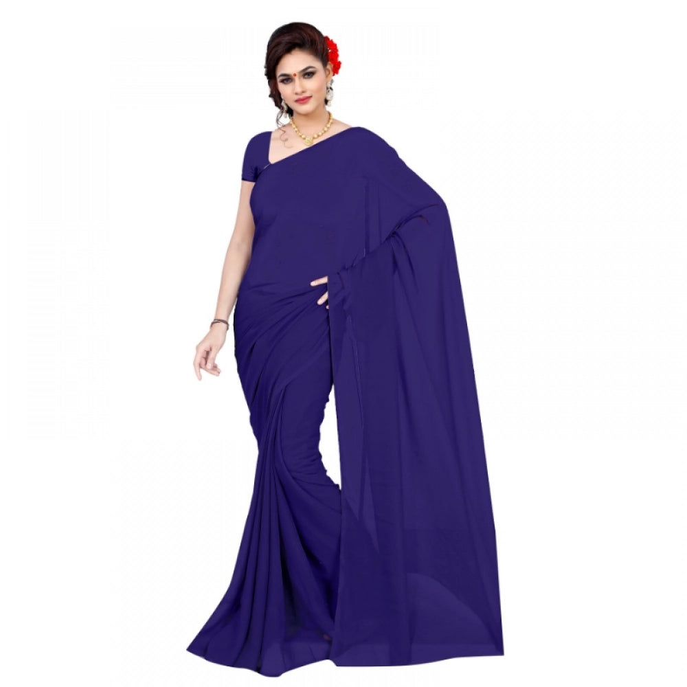 Snuggle Spot Women's Georgette Plain Saree With Blouse (Navy Blue, 5-6 Mtrs)