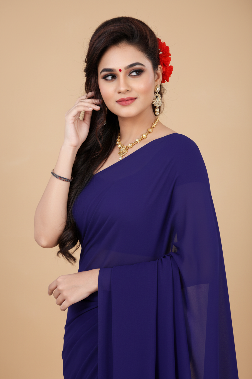 Snuggle Spot Women's Georgette Plain Saree With Blouse (Navy Blue, 5-6 Mtrs)