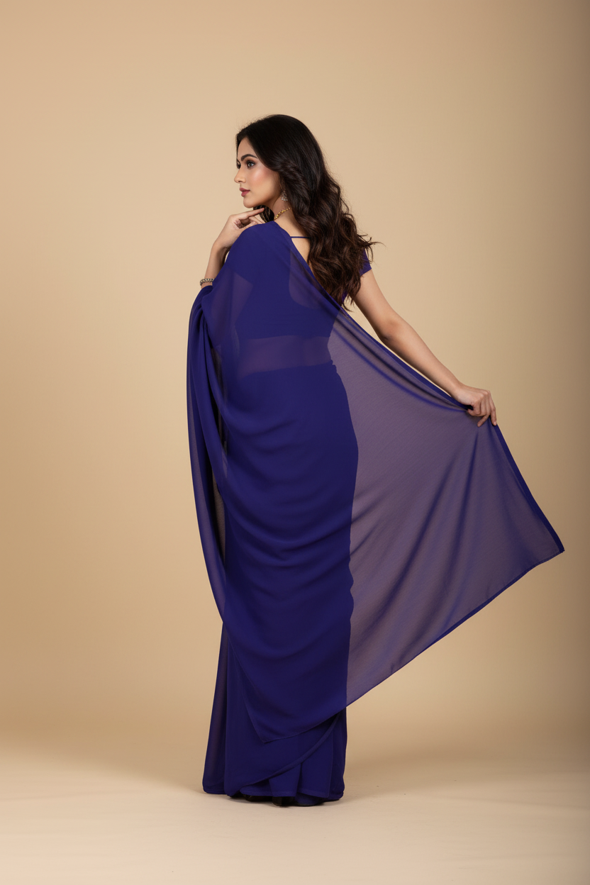 Snuggle Spot Women's Georgette Plain Saree With Blouse (Navy Blue, 5-6 Mtrs)