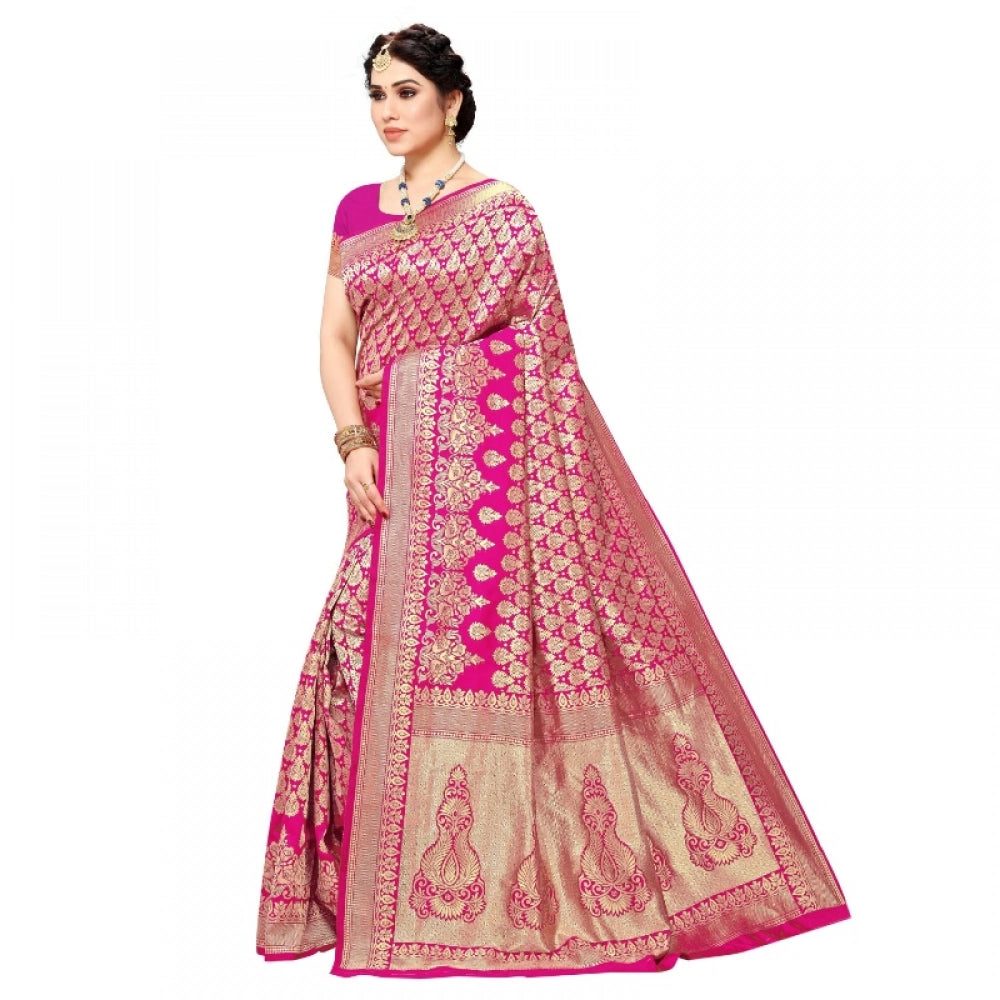 Snuggle Spot Women's Jacquard Silk Kanjivaram Jacquard Silk Saree With Blouse (Pink, 5-6 Mtrs)