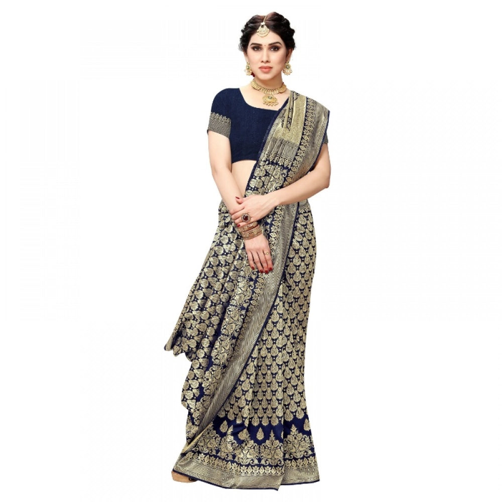 Snuggle Spot Women's Jacquard Silk Kanjivaram Jacquard Silk Saree With Blouse (Navy Blue, 5-6 Mtrs)