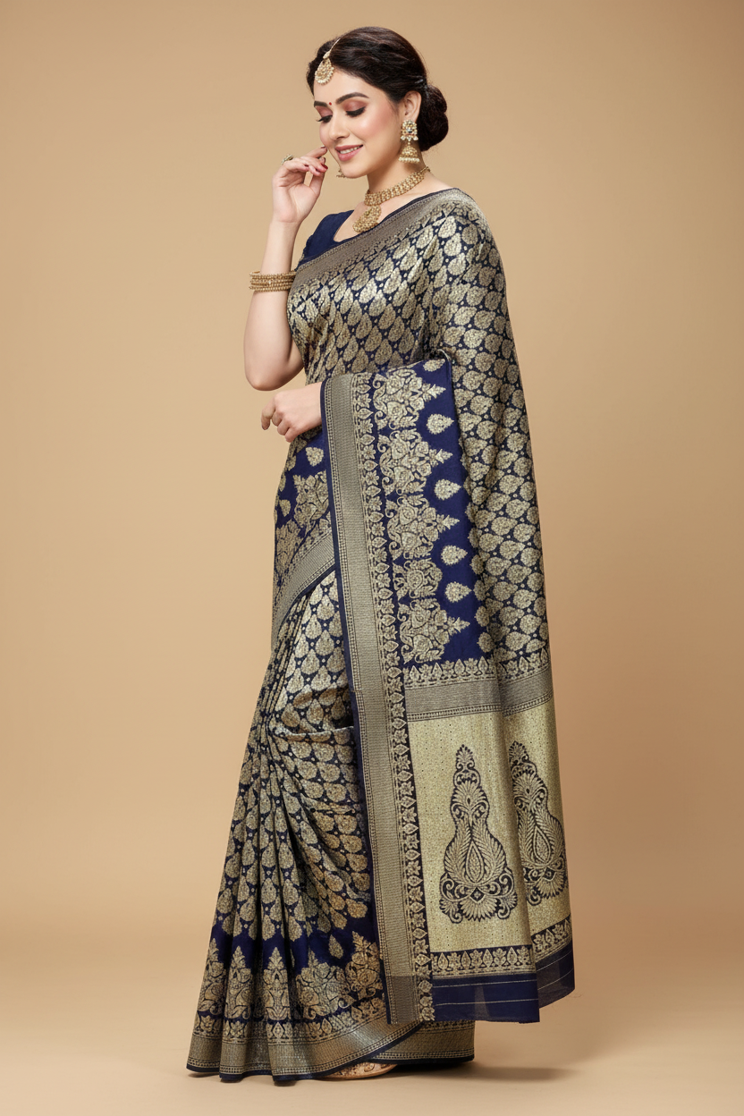 Snuggle Spot Women's Jacquard Silk Kanjivaram Jacquard Silk Saree With Blouse (Navy Blue, 5-6 Mtrs)