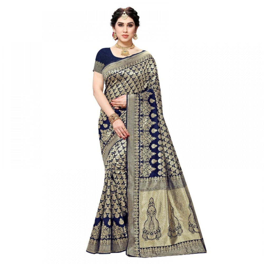 Snuggle Spot Women's Jacquard Silk Kanjivaram Jacquard Silk Saree With Blouse (Navy Blue, 5-6 Mtrs)