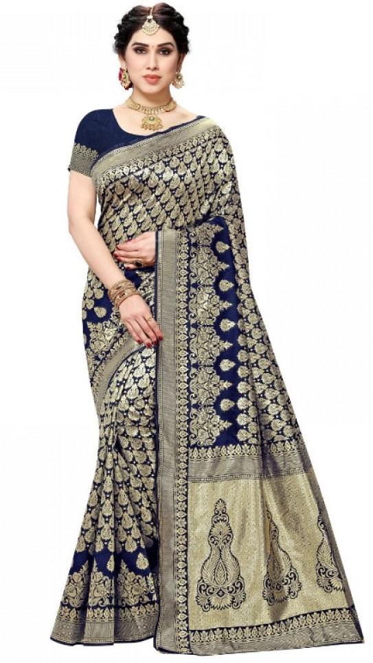 Snuggle Spot Women's Jacquard Silk Kanjivaram Jacquard Silk Saree With Blouse (Navy Blue, 5-6 Mtrs)