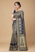 Snuggle Spot Women's Jacquard Silk Kanjivaram Jacquard Silk Saree With Blouse (Navy Blue, 5-6 Mtrs)