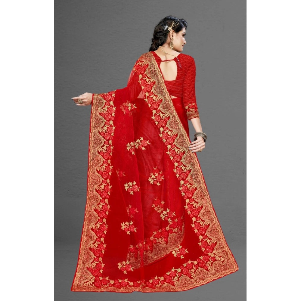 Snuggle Spot Women's Net Saree With Blouse (Red, 5-6Mtrs)