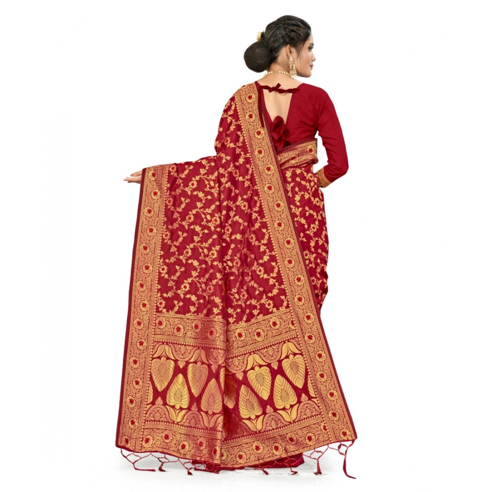 Snuggle Spot Women's Banarasi Silk Saree With Blouse (Maroon, 5-6Mtrs)