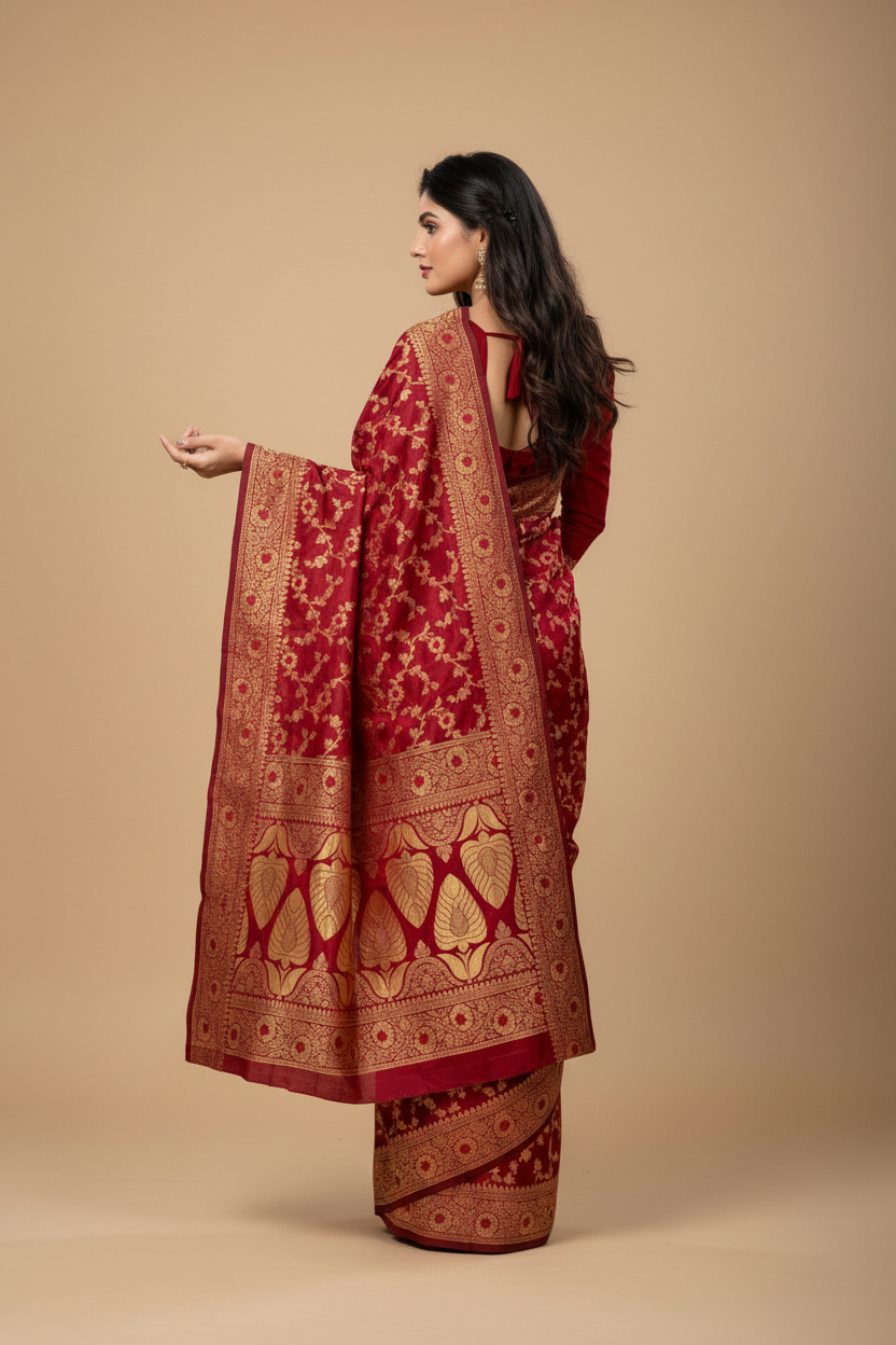 Snuggle Spot Women's Banarasi Silk Saree With Blouse (Maroon, 5-6Mtrs)