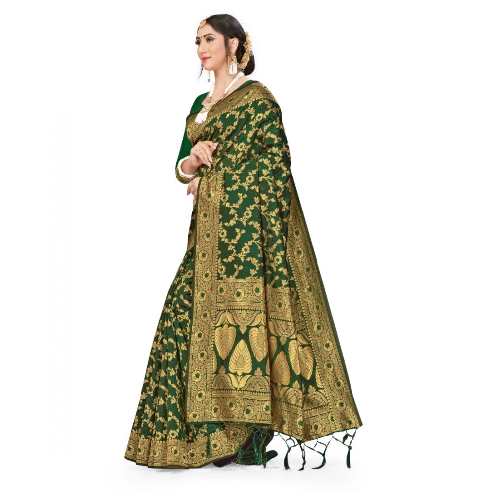 Snuggle Spot Women's Banarasi Silk Saree With Blouse (Green, 5-6Mtrs)