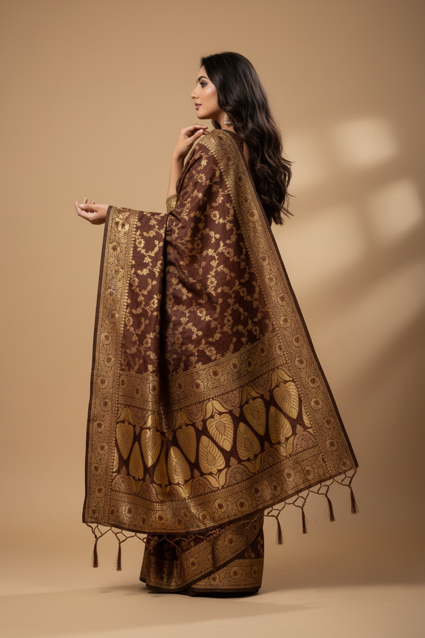 Snuggle Spot Women's Banarasi Silk Saree With Blouse (Coffee, 5-6Mtrs)