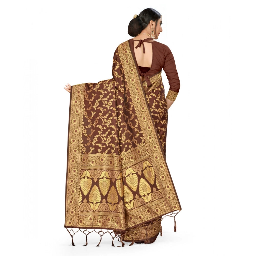 Snuggle Spot Women's Banarasi Silk Saree With Blouse (Coffee, 5-6Mtrs)
