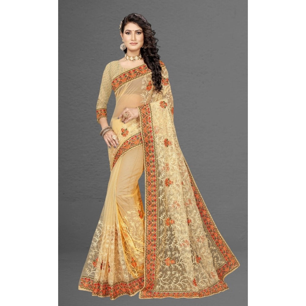 Snuggle Spot Women's Net Saree With Blouse (Chiku, 5-6Mtrs)