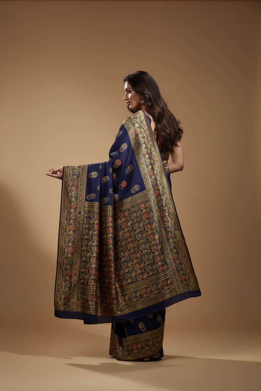 Snuggle Spot Women's Banarasi Silk Saree With Blouse (Navy Blue, 5-6Mtrs)