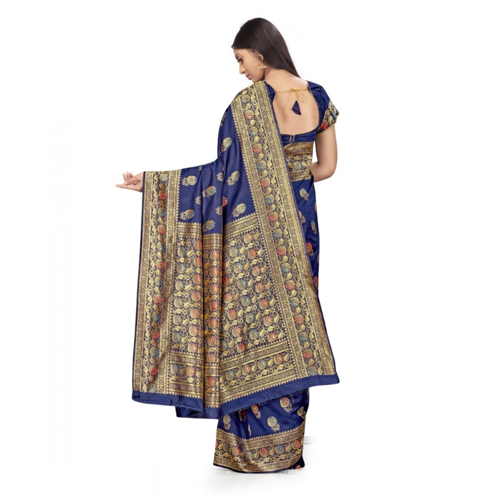 Snuggle Spot Women's Banarasi Silk Saree With Blouse (Navy Blue, 5-6Mtrs)
