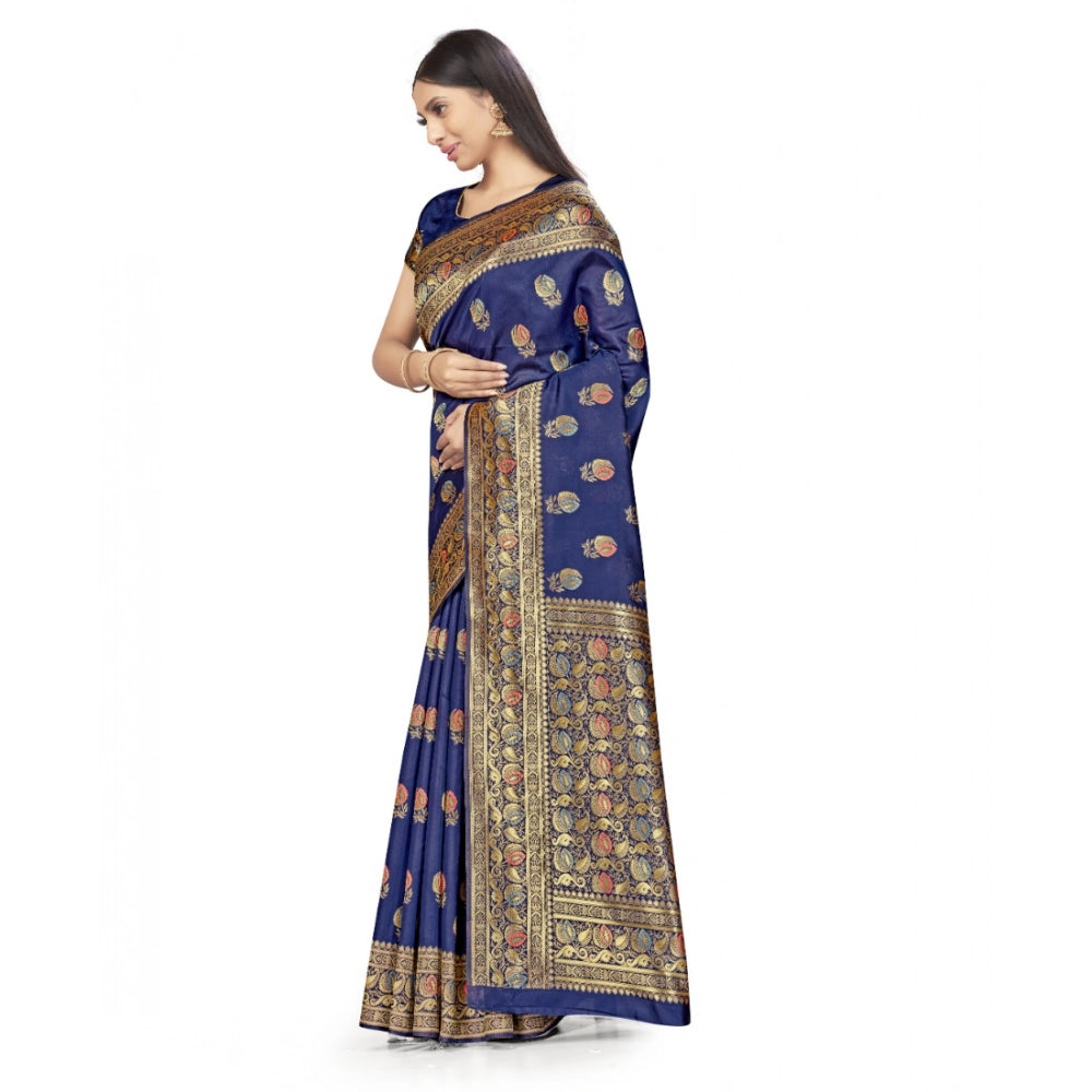 Snuggle Spot Women's Banarasi Silk Saree With Blouse (Navy Blue, 5-6Mtrs)