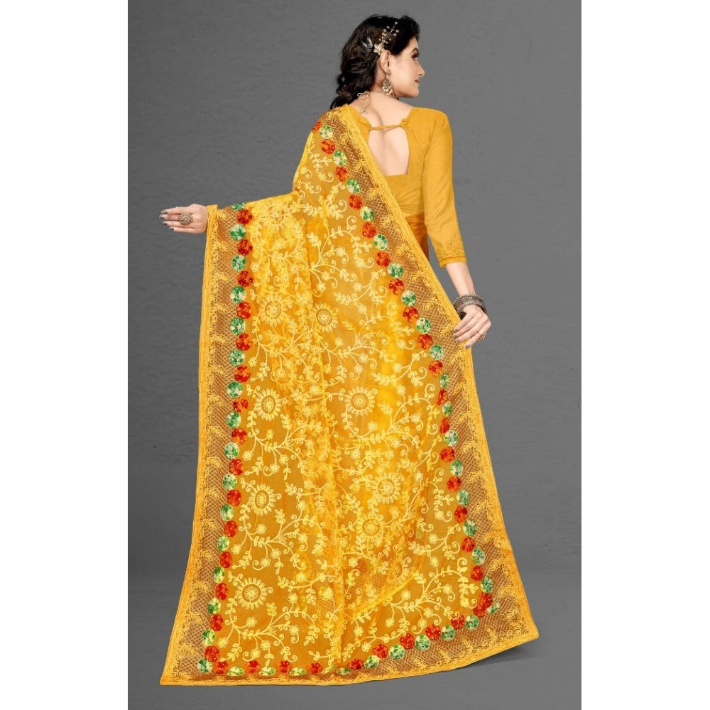 Snuggle Spot Women's Net Saree With Blouse (Yellow, 5-6Mtrs)