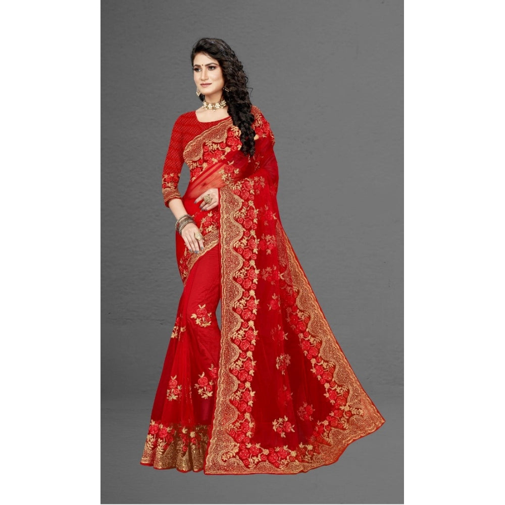 Snuggle Spot Women's Net Saree With Blouse (Red, 5-6Mtrs)