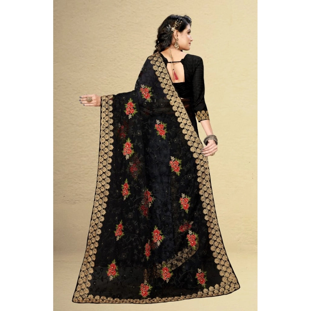 Snuggle Spot Women's Net Saree With Blouse (Black, 5-6Mtrs)