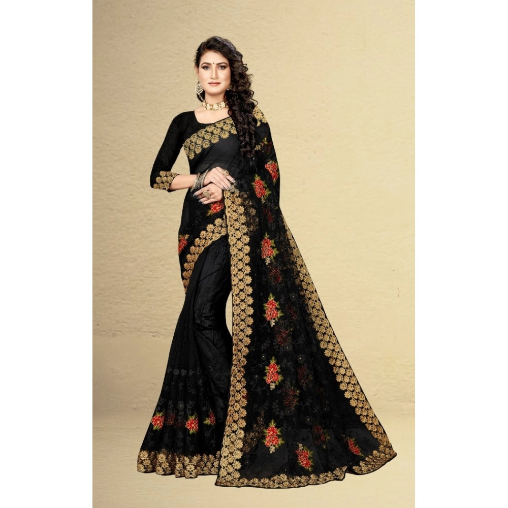 Snuggle Spot Women's Net Saree With Blouse (Black, 5-6Mtrs)
