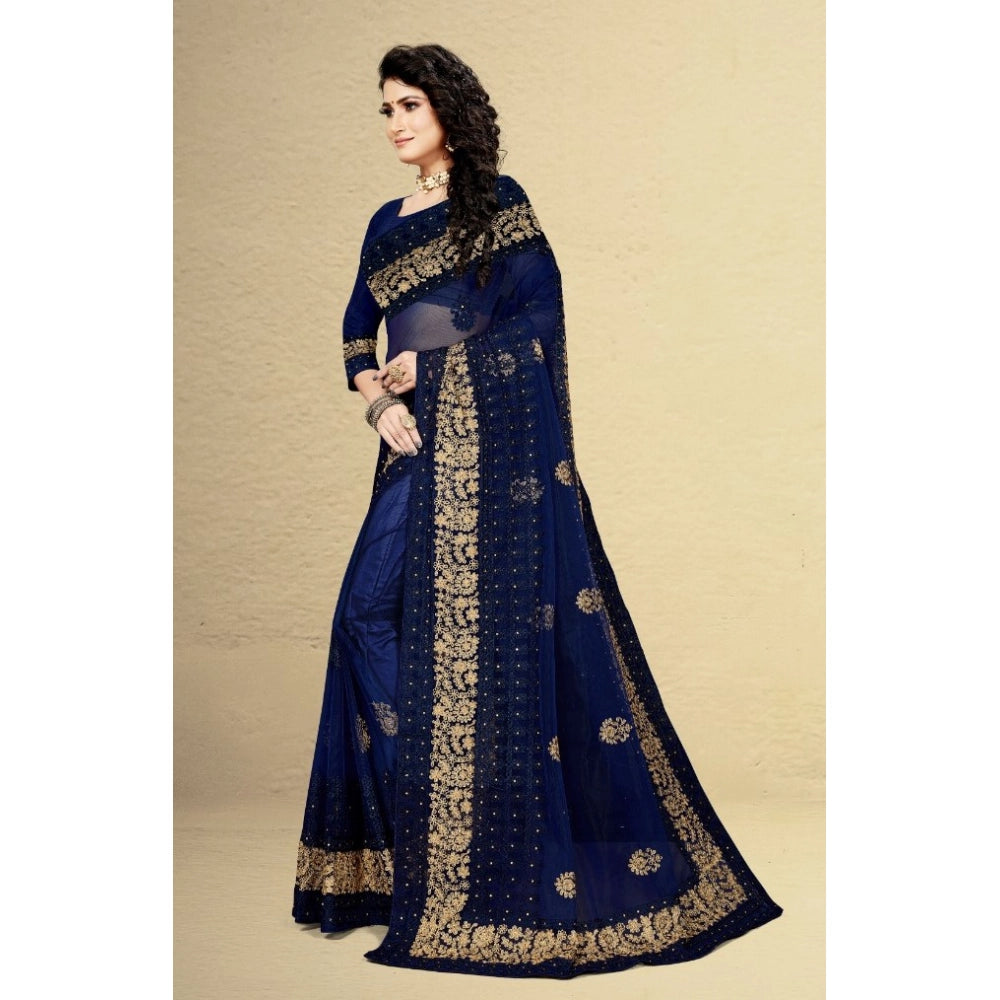 Snuggle Spot Women's Net Saree With Blouse (Navy Blue, 5-6Mtrs)