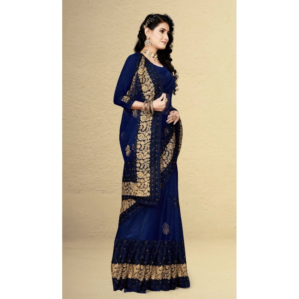Snuggle Spot Women's Net Saree With Blouse (Navy Blue, 5-6Mtrs)