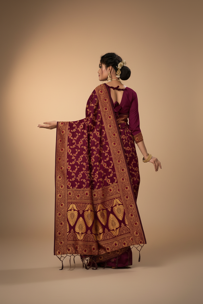 Snuggle Spot Women's Banarasi Silk Saree With Blouse (Wine, 5-6Mtrs)
