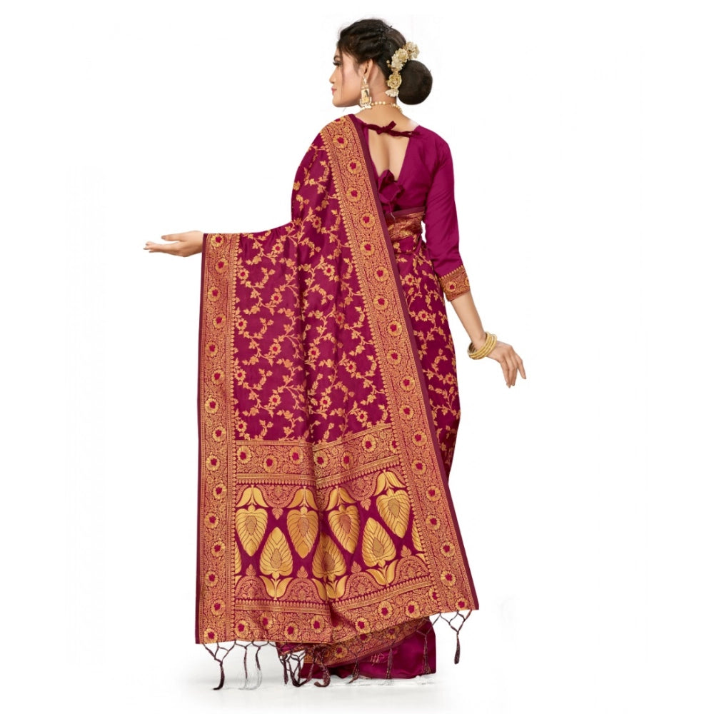 Snuggle Spot Women's Banarasi Silk Saree With Blouse (Wine, 5-6Mtrs)
