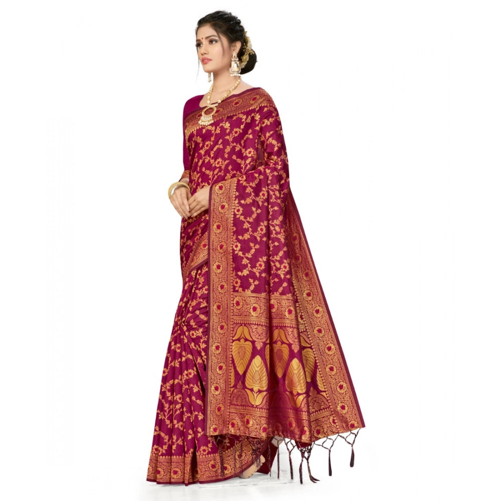 Snuggle Spot Women's Banarasi Silk Saree With Blouse (Wine, 5-6Mtrs)